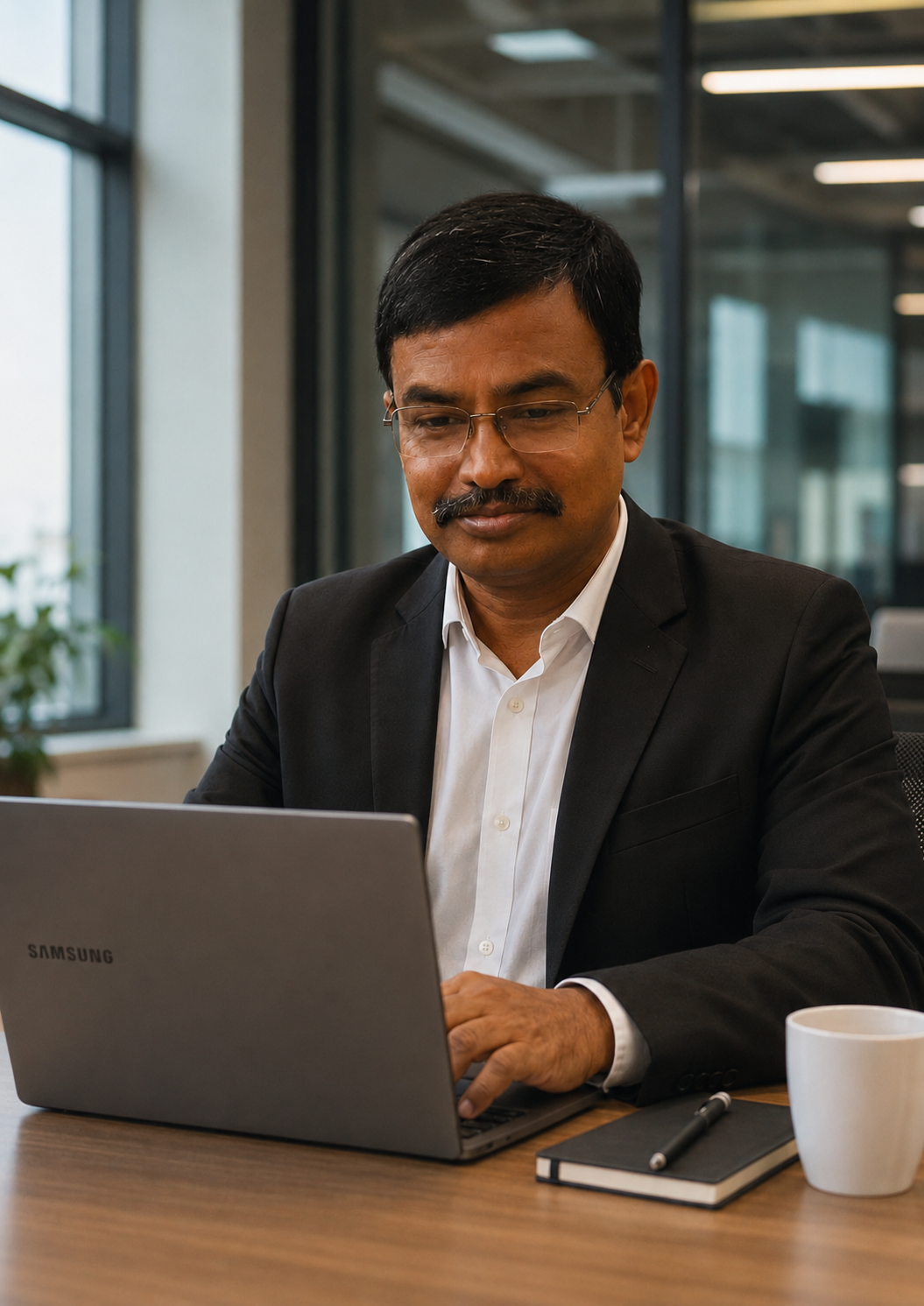Pijush Kanti Sen reviewing information at his desk