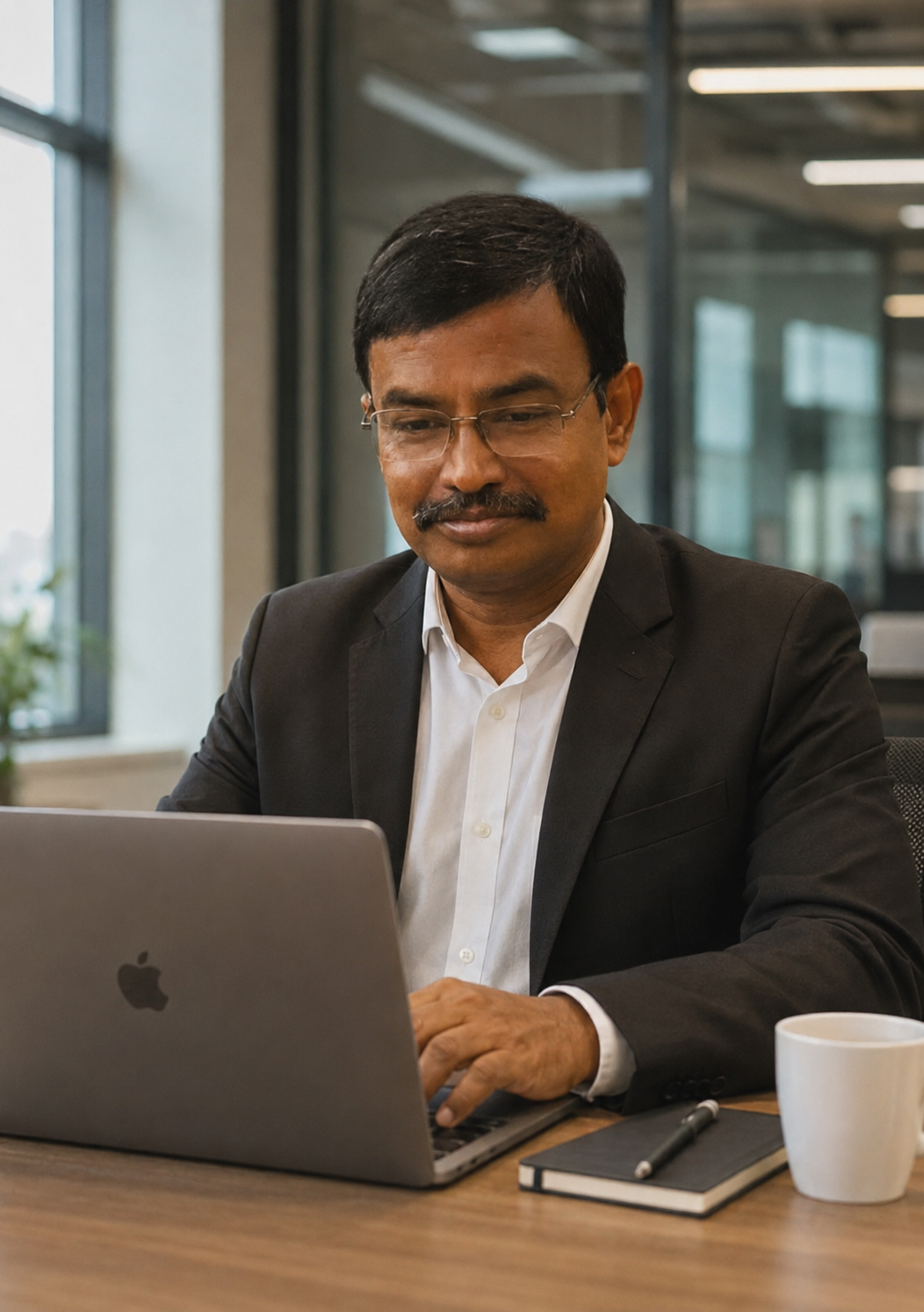 Pijush Kanti Sen seated at his desk, ready to discuss insurance needs